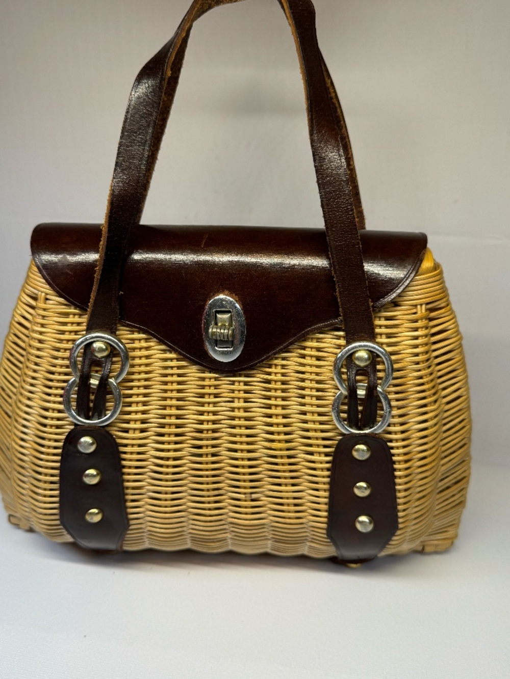 Vintage Mr. Jonas Wicker Basket Handbag Brown Leather Trim Top Handle Purse